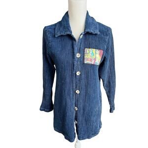 Michael leu navy blue cat button down shirt whimsical vintage Grandmacore